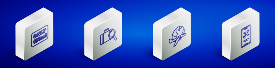 Set Isometric line Liquids in carry-on baggage, Lost, Globe with flying plane and Mobile ticket icon. Vector