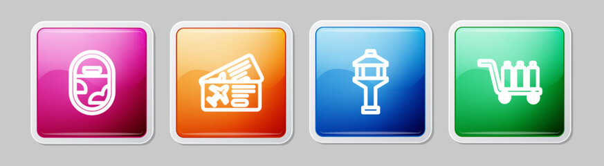 Set line Airplane window, Airline ticket, Airport control tower and Trolley baggage. Colorful square button. Vector - obrazy, fototapety, plakaty
