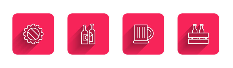 Set line Bottle cap, Bottles of wine, Wooden beer mug and Pack bottles with long shadow. Red square button. Vector