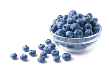 Fresh blueberries in a transparent bowl isolated on white background with copy space. Organic berries, healthy food, wild berries