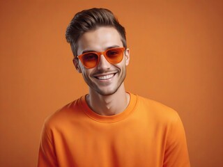 smiling man in sunglasses orange monochrome color portrait