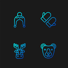 Set line Bear head, Deer with antlers, Winter hat and Christmas mitten. Gradient color icons. Vector