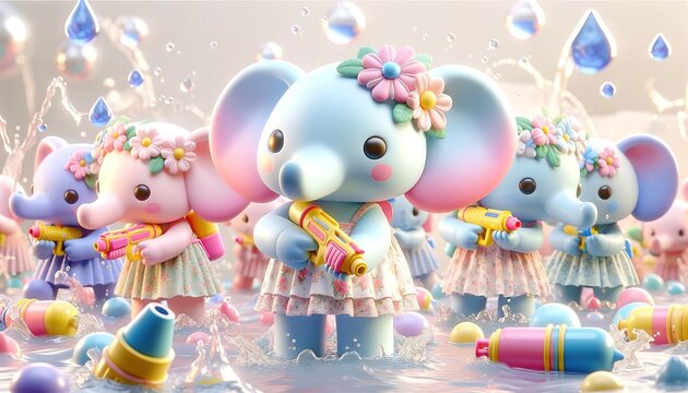 Elephants hold water guns and play with water during Songkran in Thailand.