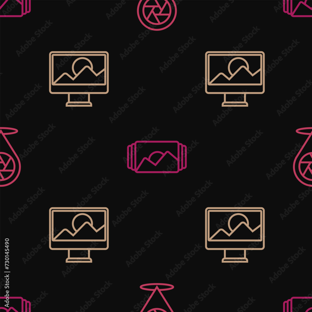 Aufkleber set line camera shutter, photo retouching and frame on seamless pattern. vector