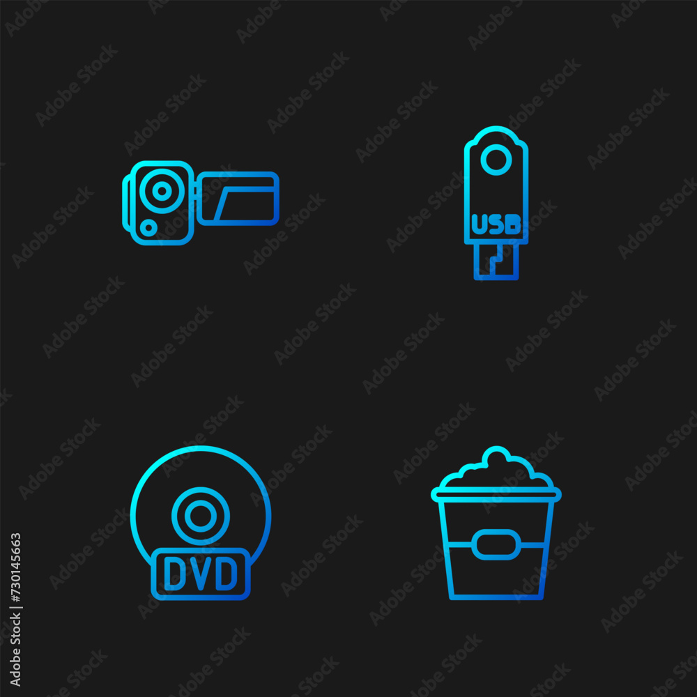 Sticker Set line Popcorn in box, CD DVD disk, Cinema camera and USB flash drive. Gradient color icons. Vector