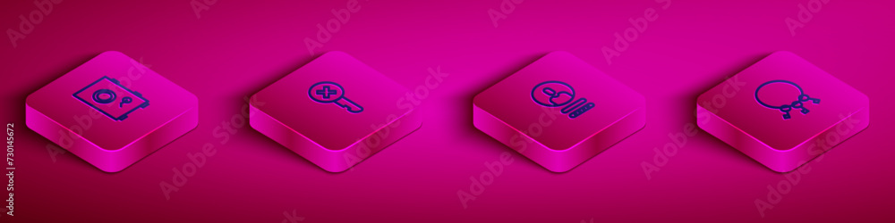 Poster set isometric line safe, wrong key, create account screen and bunch of keys icon. vector