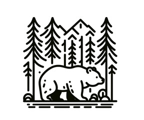 Beautiful outdoor minimalistic vector bear illustration. Forest and mountain in the back. Line art