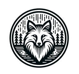 Monochrome vintage outdoor adventure emblem with fox sitting on forest landscape. Isolated vector illustration