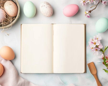 Open blank recipe book on a table with colorful easter eggs and flowers. Minimal Easter and spring concept. Pastel colors. Flat lay