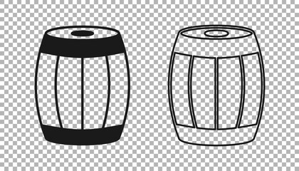 Black Wooden barrel icon isolated on transparent background. Alcohol barrel, drink container, wooden keg for beer, whiskey, wine. Vector