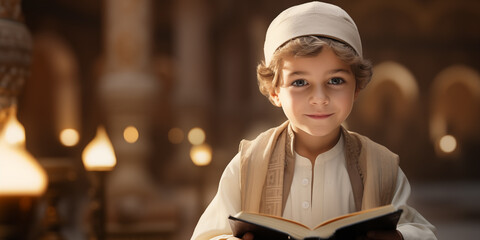 Banner with a muslim boy reading the quran in the mosque with copy space. Ramadan celebration concept. Shallow depth of field.