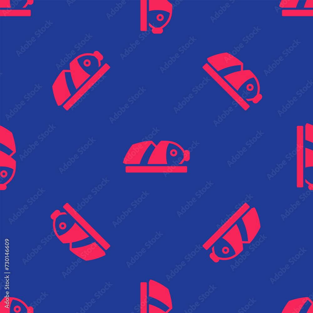 Poster Red Fish with sliced pieces with knife icon isolated seamless pattern on blue background. Vector