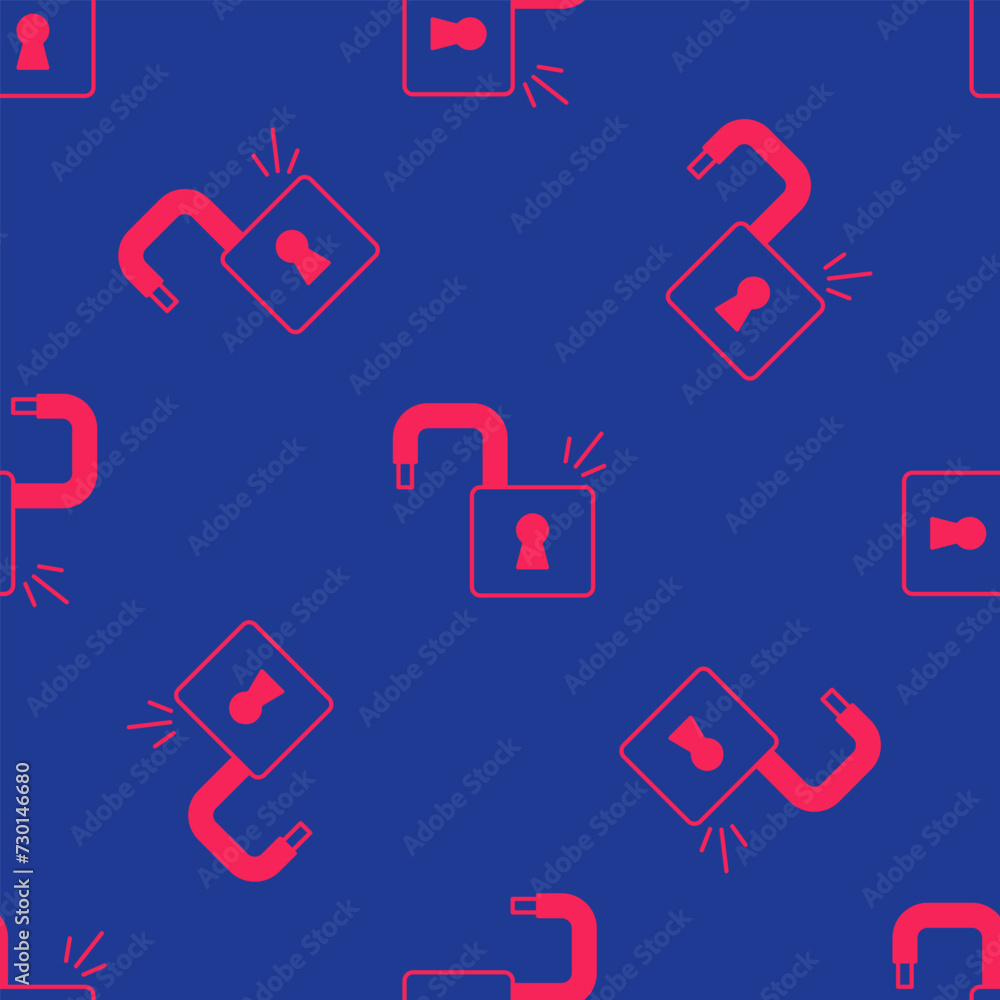 Poster red open padlock icon isolated seamless pattern on blue background. opened lock sign. cyber security