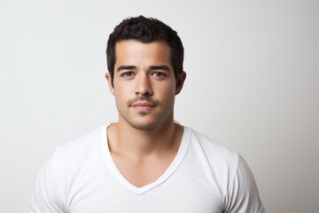 Portrait of handsome young man in white t-shirt on grey background