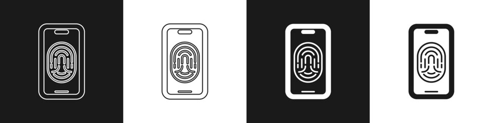Set Smartphone with fingerprint scanner icon isolated on black and white background. Concept of security, personal access via finger on mobile. Vector
