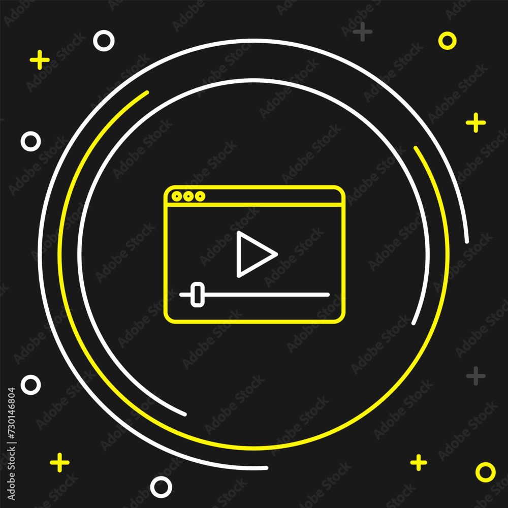 Poster Line Online play video icon isolated on black background. Film strip with play sign. Colorful outline concept. Vector