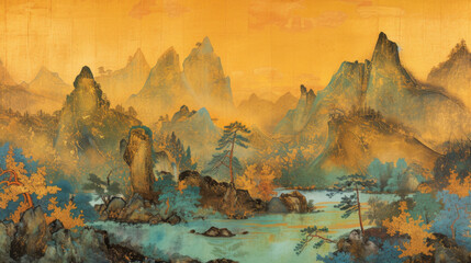 The Song Dynasty style Chinese ink painting depicts a thousand miles of rivers and mountains.