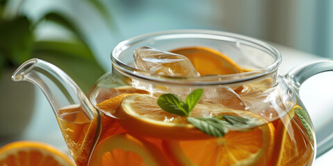 Citrus Bliss cold ice tea in a glass Teapot. Infused tea with fresh oranges and mint, copy space for text.