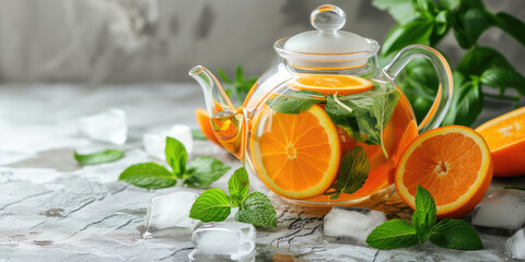 Citrus Bliss cold ice tea in a glass Teapot. Infused tea with fresh oranges and mint, copy space for text.