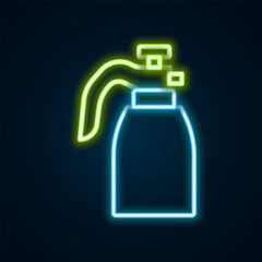 Obraz premium Glowing neon line Garden sprayer for water, fertilizer, chemicals icon isolated on black background. Colorful outline concept. Vector