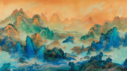 Fototapeta premium The Song Dynasty style Chinese ink painting depicts a thousand miles of rivers and mountains.