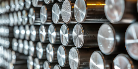 Metal bars stacked on a storage unit. Background to the metal fabrication industry. Close-up Steel rods in warehouse shelving.