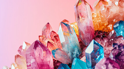 A row of colorful, transparent crystals on the isolated pastel pink background, showcasing their beauty and geological charm. Healing crystals.