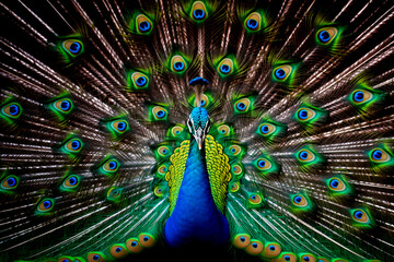 Close up of a beautiful peacock. Wildlife bird portrait with feathers out