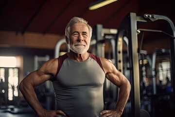 Grandpa in the gym, elderly man, muscles on his arms, bearded old man, grandfather smiling - obrazy, fototapety, plakaty