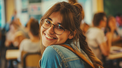 Garota usando óculos e sorrindo dentro da sala de aula na escola