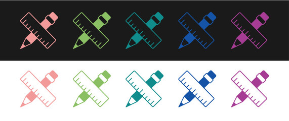 Set Crossed ruler and pencil icon isolated on black and white background. Straightedge symbol. Drawing and educational tools. Vector