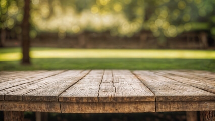 Old rustic table and summer landscape out of focus