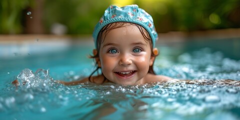 A cheerful, cute toddler in a swim hat enjoys a playful day in a blue pool.