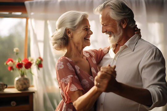 elderly couple dancing and smiling complicit look