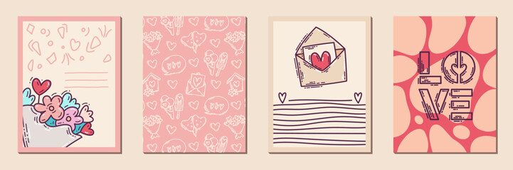 Valentines Day doodle style printable posters set with hand-drawn cute love icons and design elements.