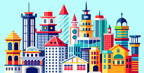 Landscape set of buildings silhouette on a color background