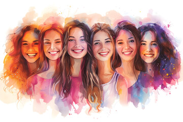 Happy women's group for International Women’s Day, watercolor style, group of woman's, Generative AI