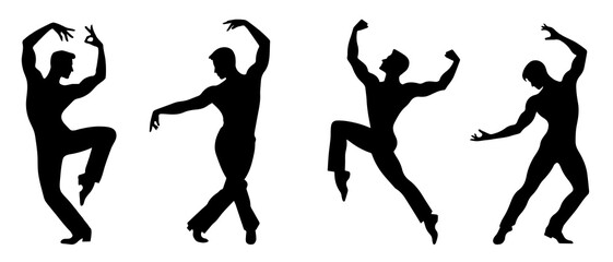 Silhouettes of Male Dancers in Stylish Moves and Poses black filled vector Illustration