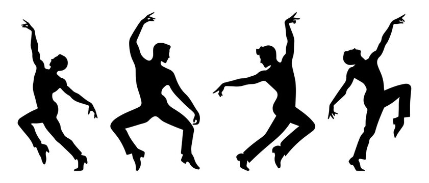 Silhouettes of Male Dancers in Stylish Moves and Poses black filled vector Illustration