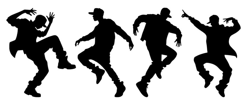 Silhouettes of Male Dancers in Stylish Moves and Poses black filled vector Illustration