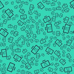 Black Shopping cart on monitor icon isolated seamless pattern on green background. Concept e-commerce, e-business, online business marketing. Vector