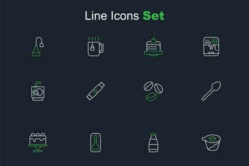Set line Pour over coffee maker, Milk bottle, Coffee thermometer, Cake, Teaspoon, beans, Sugar stick packets and Espresso tonic icon. Vector