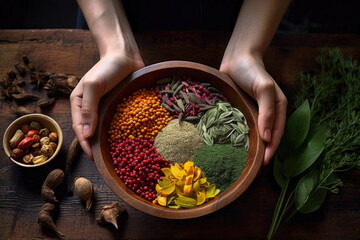 Hands holding a bowl with a fresh spices and herbs