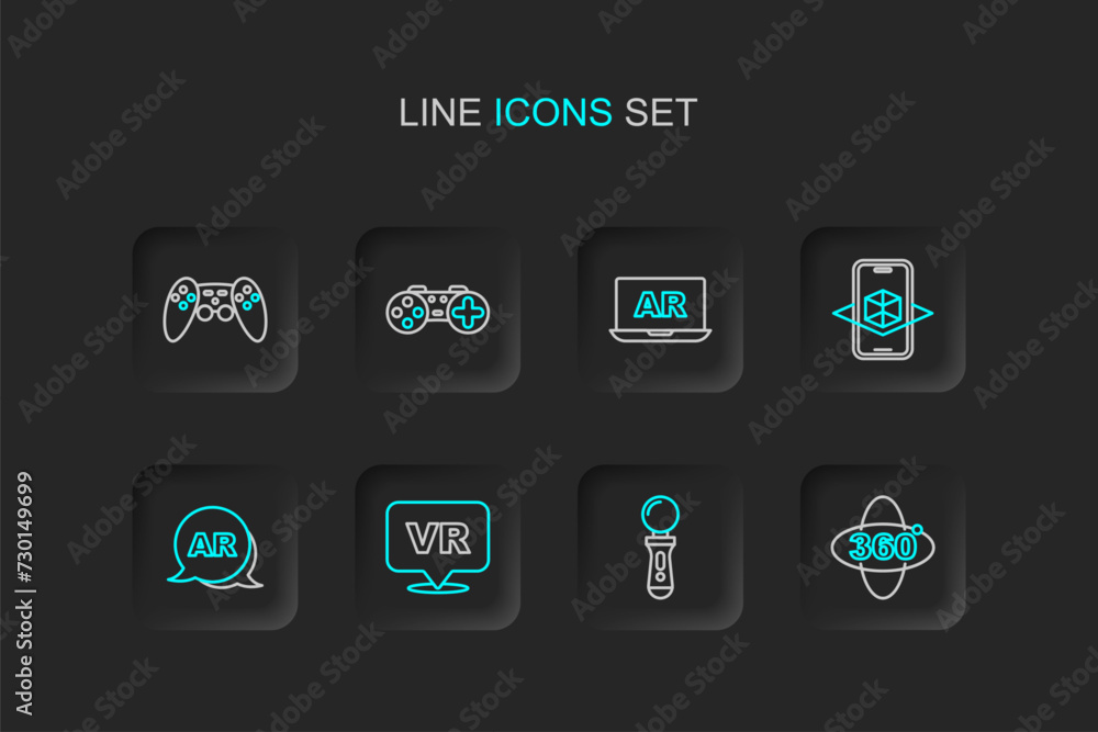 Poster set line 360 degree view, vr controller game, virtual reality, augmented ar, 3d modeling, gamepad an