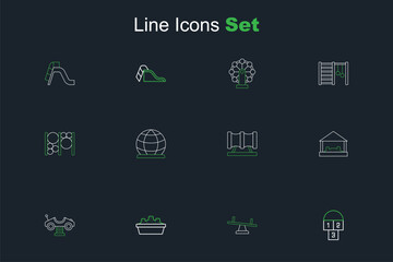 Set line Hopscotch, Seesaw, Sandbox with sand, Swing car, Kid playground slide pipe, Playground climbing equipment and icon. Vector
