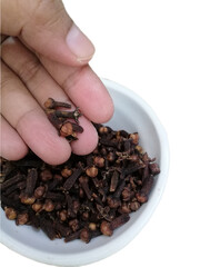 Clove herb on white background isolated and hand