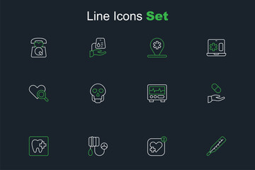 Set line Medical thermometer, Mobile with heart rate, Blood pressure, Dental clinic location, prescription, Monitor cardiogram, Skull and inspection icon. Vector
