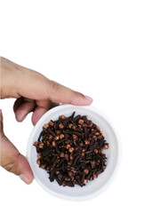 Clove herb on white background isolated and hand