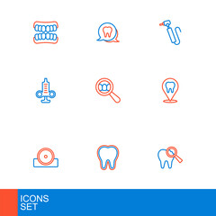 Set line Broken tooth, Tooth, Otolaryngological head reflector, Dental clinic location, Syringe, search, drill and icon. Vector