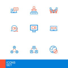 Set line Video chat conference, Meeting, and Speaker icon. Vector
